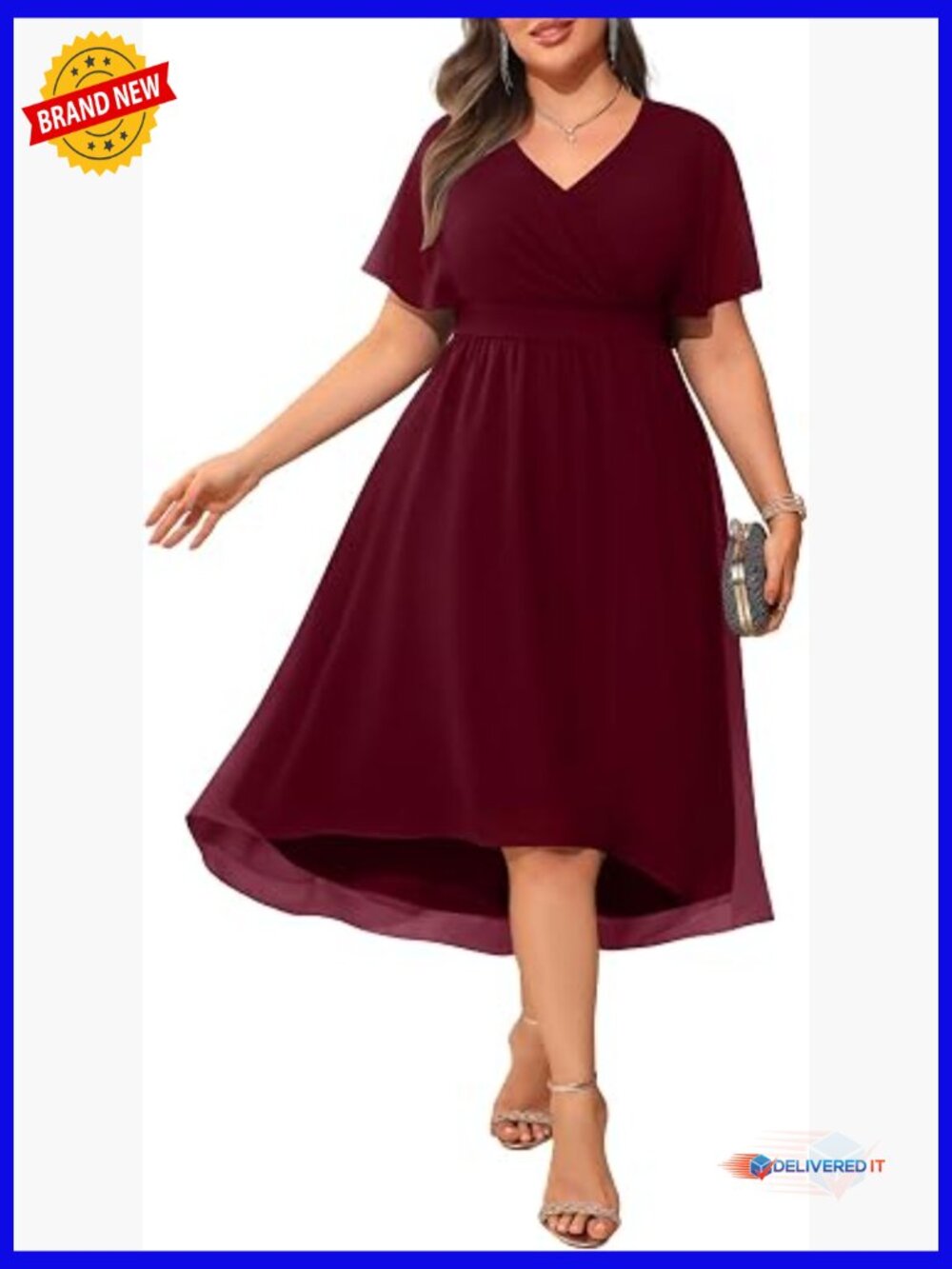 Plus Size Flutter Sleeve High Low Midi Dress with V-Neck Lining